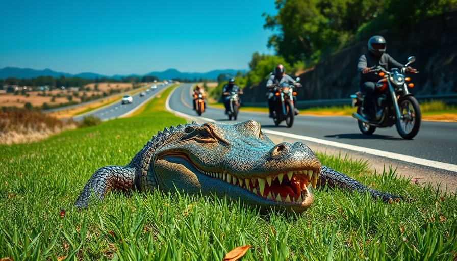 Alligator close-up with motorcyclists on highway scene.