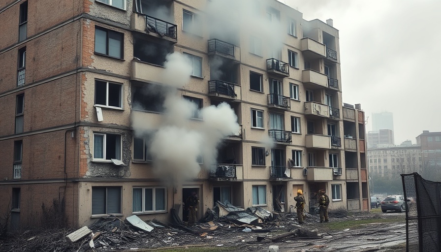 Apartment building damaged by conflict with smoke rising, firefighters working, symbolizing Russian attacks on Ukraine.