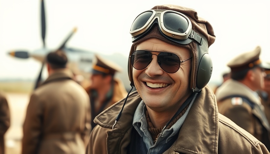 Vintage aviator in leather cap and coat smiling at airfield.