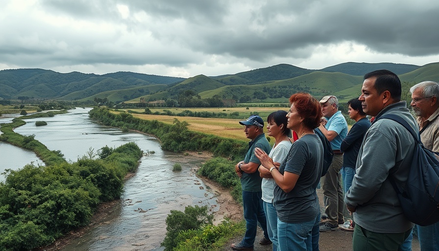 Texas businessman and group discusses flood recovery by river.