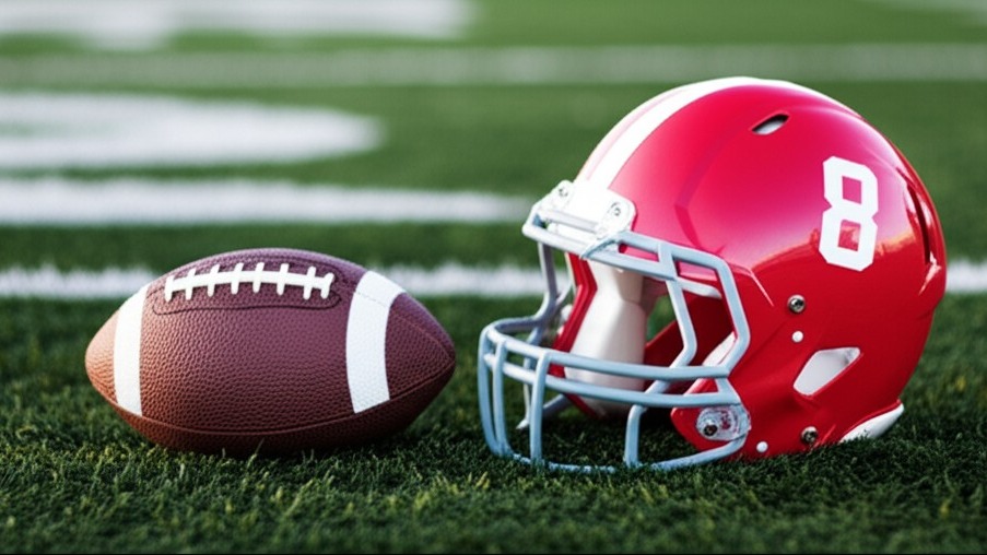 Football and helmet on field emphasizes Arkansas Razorbacks Defense Improvement.