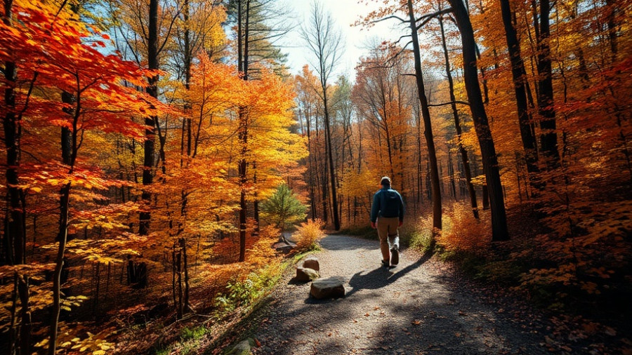 Arkansas scenic views in autumn with hiker on forest trail.