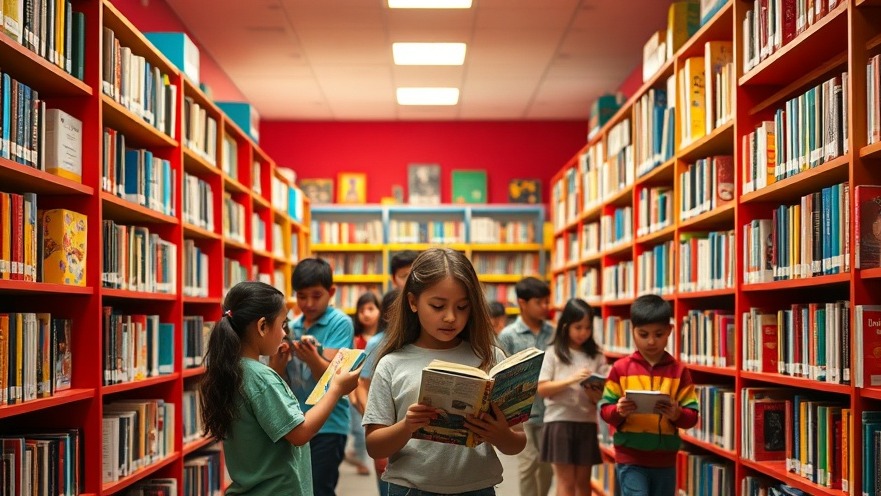 Vibrant school library promoting student growth evaluation with engaged learners.