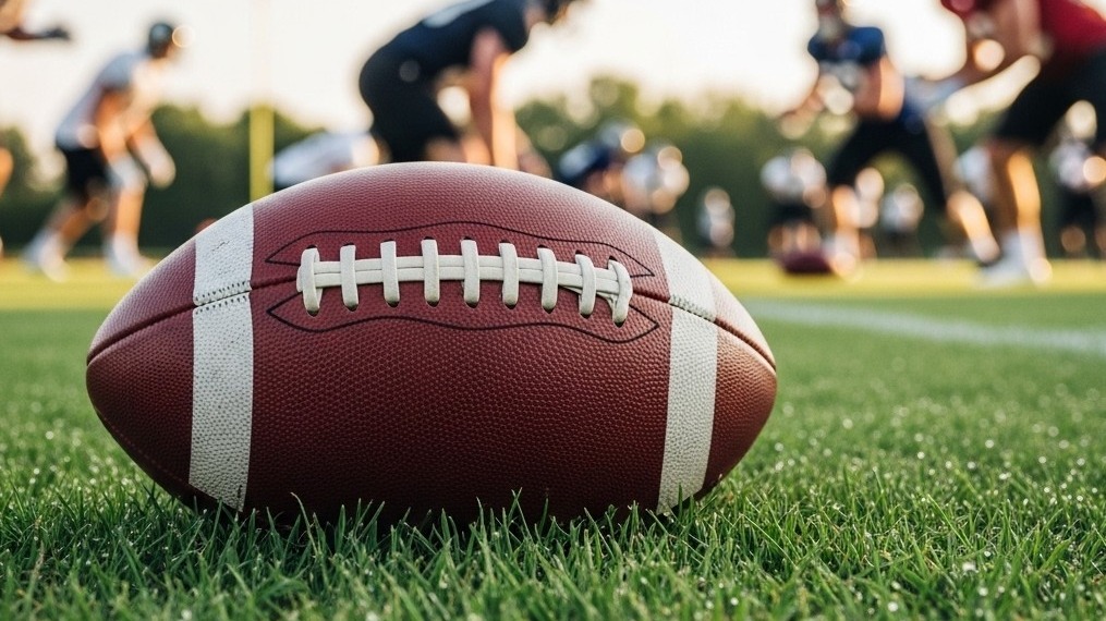 american football players practicing in background