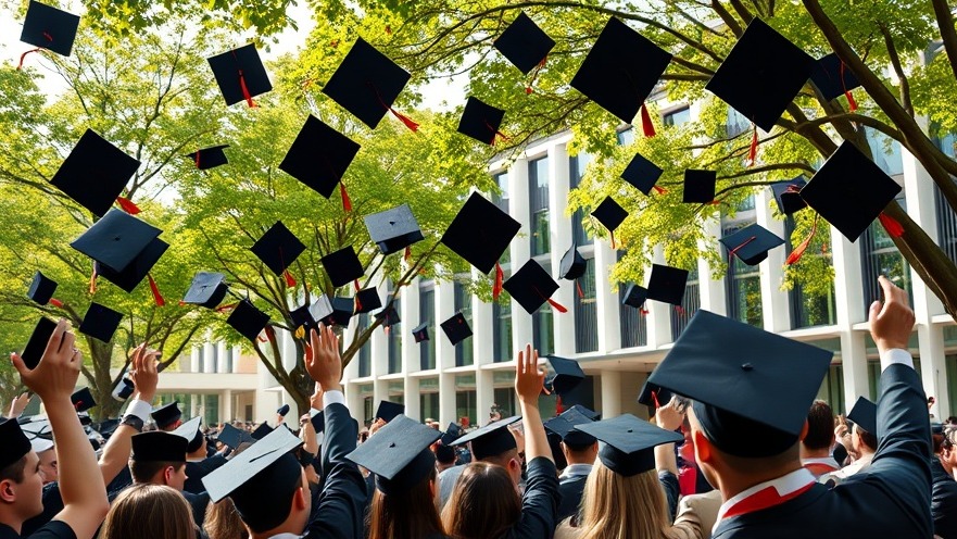 Graduation ceremony celebration with caps in air, symbolizing bright futures.