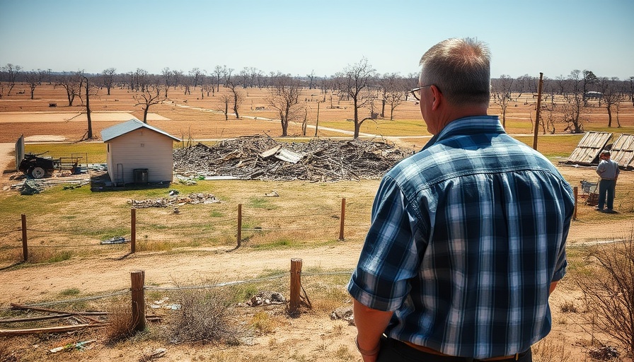 Individuals discuss 2024 tornado recovery efforts amid rural debris.