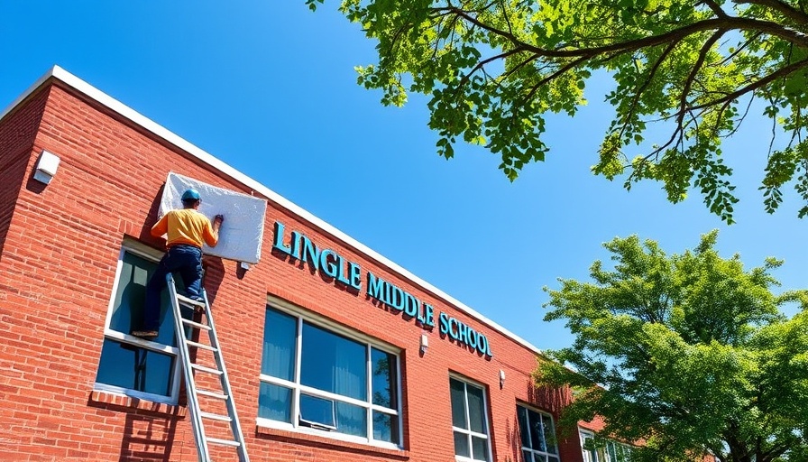 Lingle Middle School renovations with worker on ladder.
