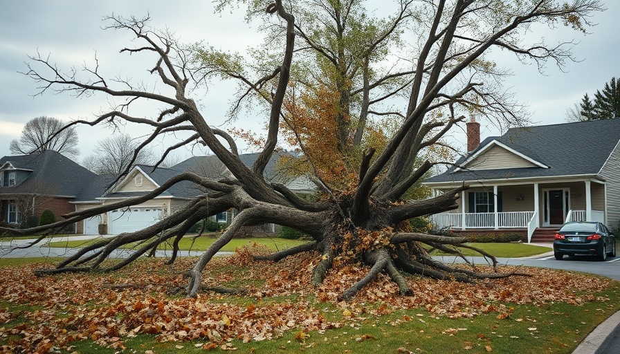 Storm damage in Siloam Springs with fallen tree on lawn.