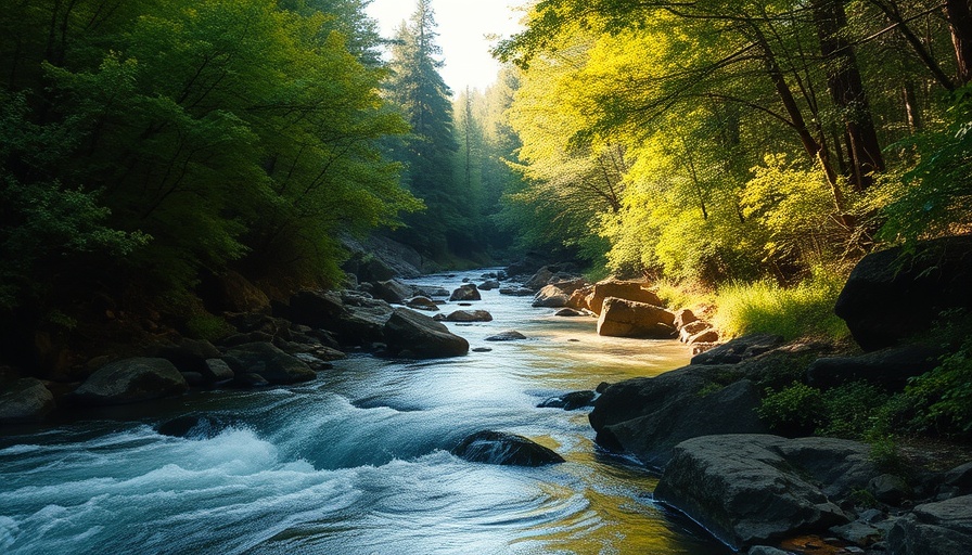 Serene river scene in lush forest, vibrant sunlight reflections.