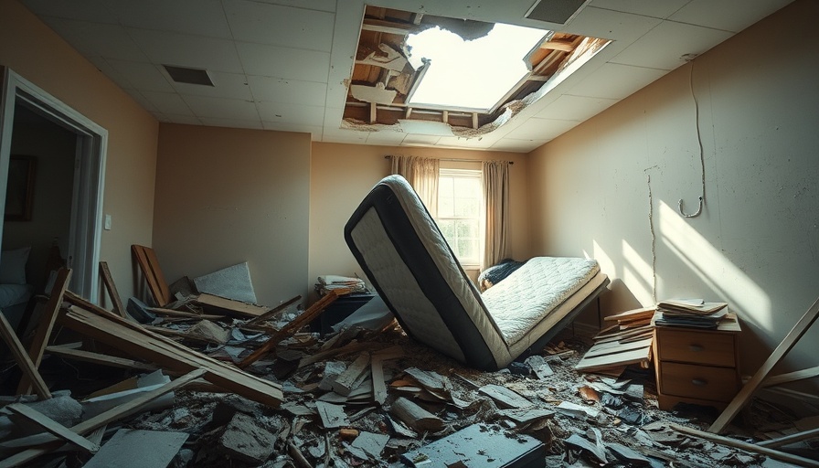 Arkansas home interior with tornado damage and debris.