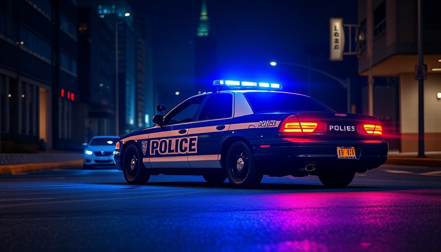 Rogers police car at night with blue lights on a street.
