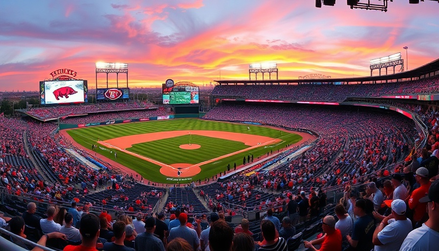 Arkansas vs Tennessee Game 2 baseball stadium scene with sunset