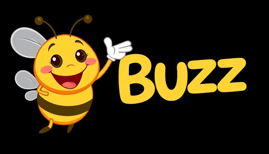 Cheerful cartoon bee and BUZZ logo