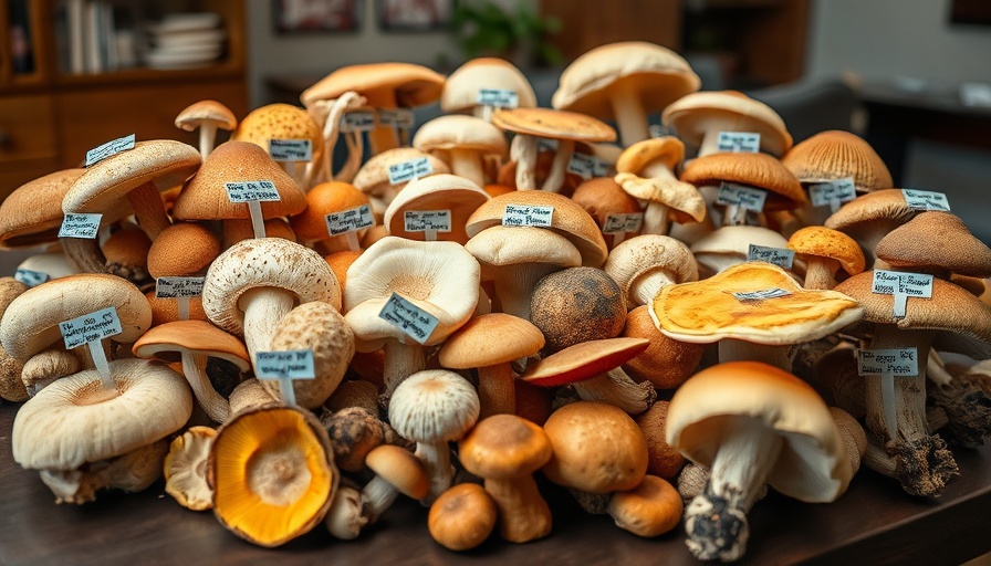 Exhibit of labeled mushrooms for Arkansas mushroom foraging.