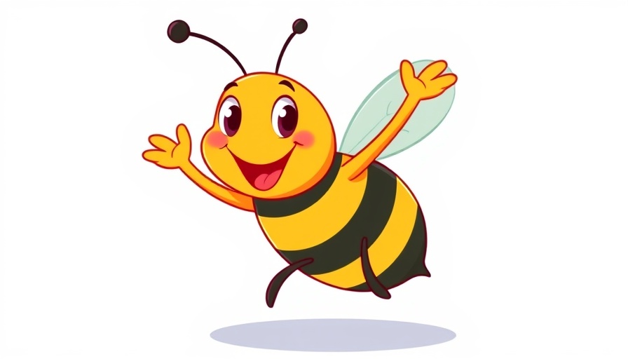 Cheerful cartoon bee character with the word BUZZ.