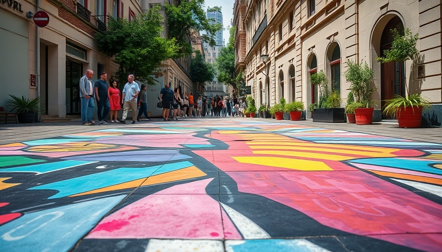 Colorful abstract mural in Fort Smith alleyway with people.