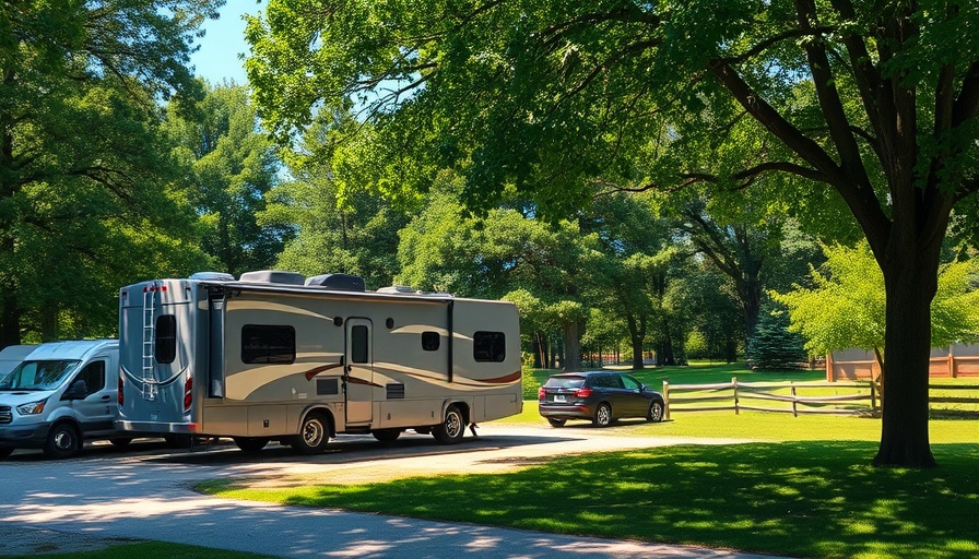 RV in Springdale park surrounded by trees, sunny day.