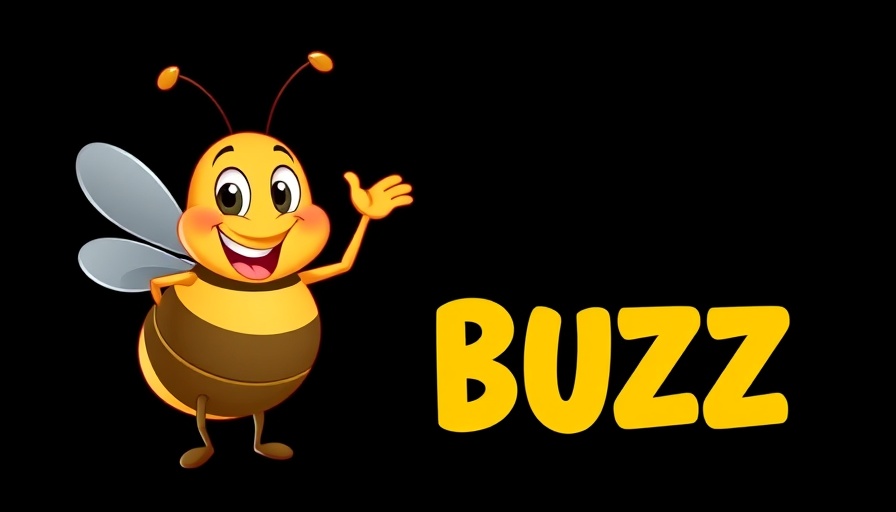 Cartoon bee waving next to bold 'BUZZ' text, colorful design.