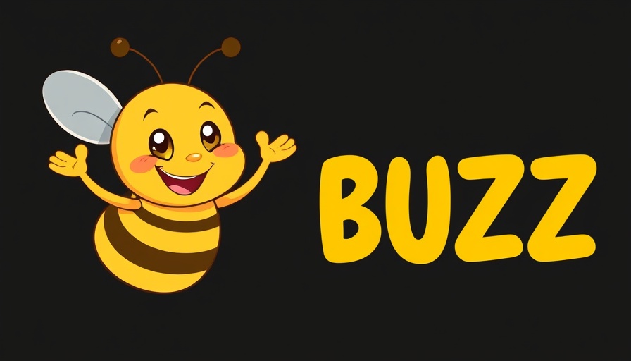 Cartoon bee and BUZZ text on black, Eggy Here and How Tour