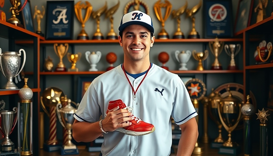 Athlete holding shoes in trophy room for Gage Wood no-hitter donation.