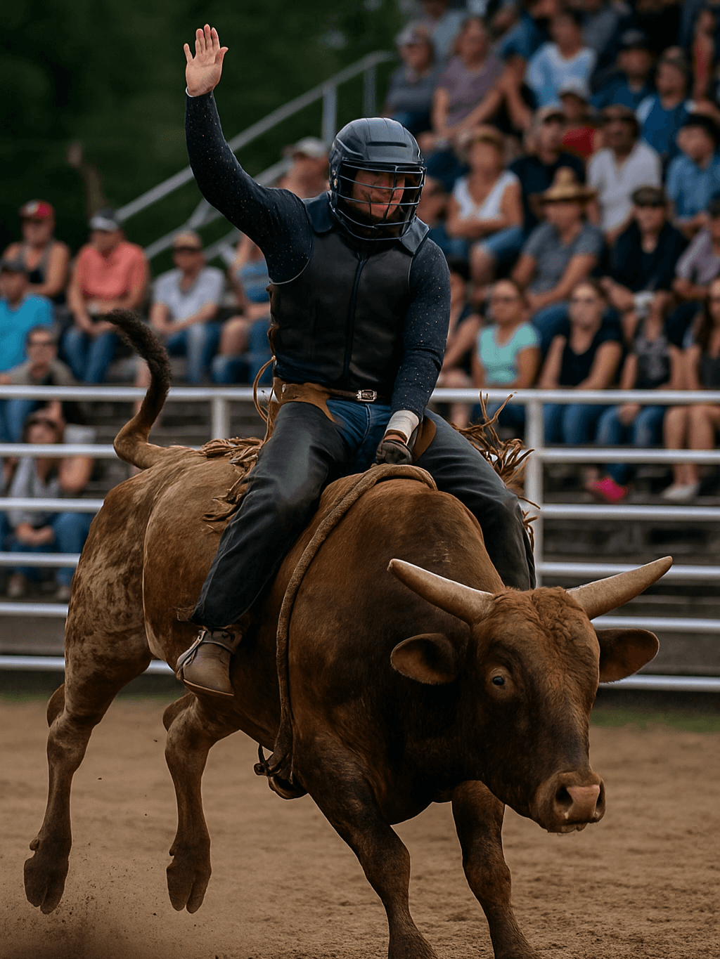 A cowboy wearing a protective vest and a cowboy hat holds on tightly to a bucking bull in the middle of the dirt-covered Parsons Stadium arena.