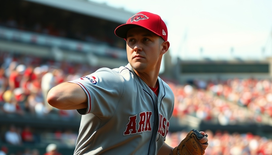 Arkansas Razorbacks baseball player focused on pitching, blurred crowd.