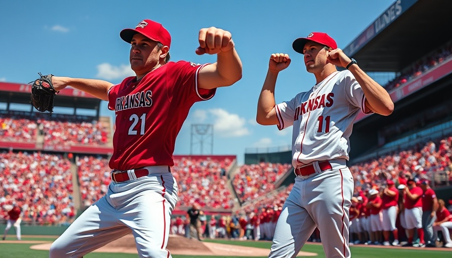 Arkansas Razorbacks Summer Baseball players in action at stadium.