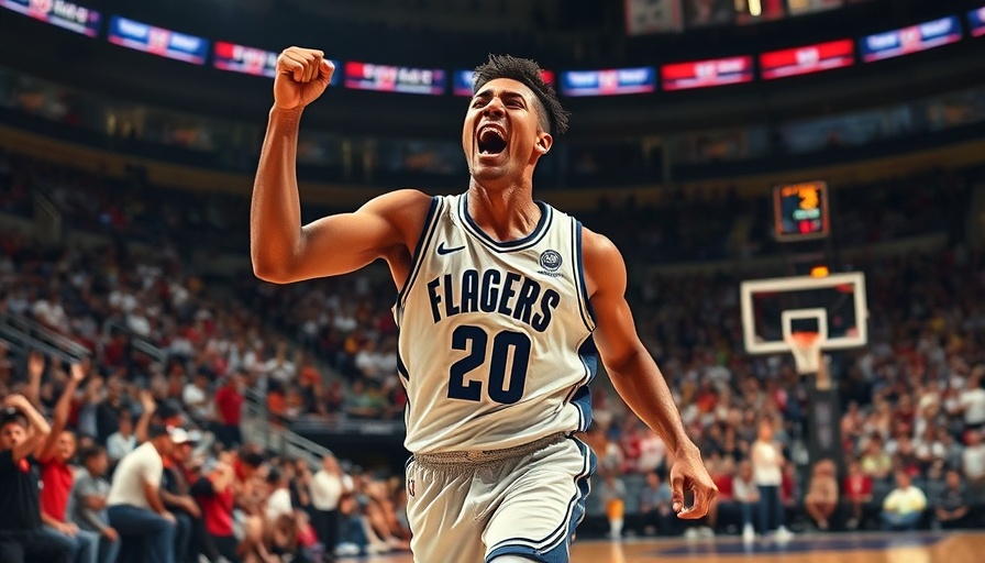 Basketball player celebrating on court in vibrant stadium lighting.