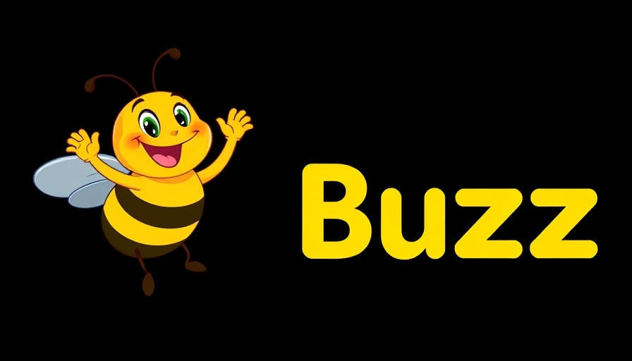Cheerful cartoon bee waving, next to 'Buzz'.