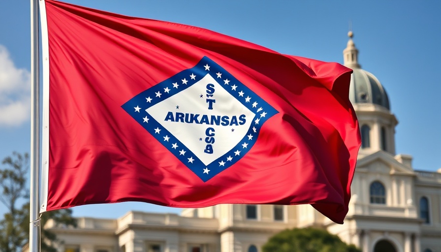 Arkansas state flag gently waving in front of a historic building.