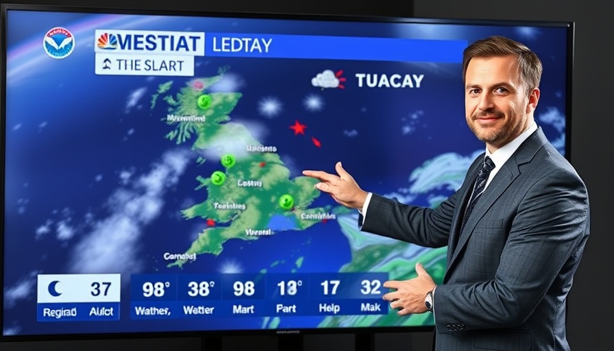 Meteorologist presenting scattered showers weekend forecast on digital screen.