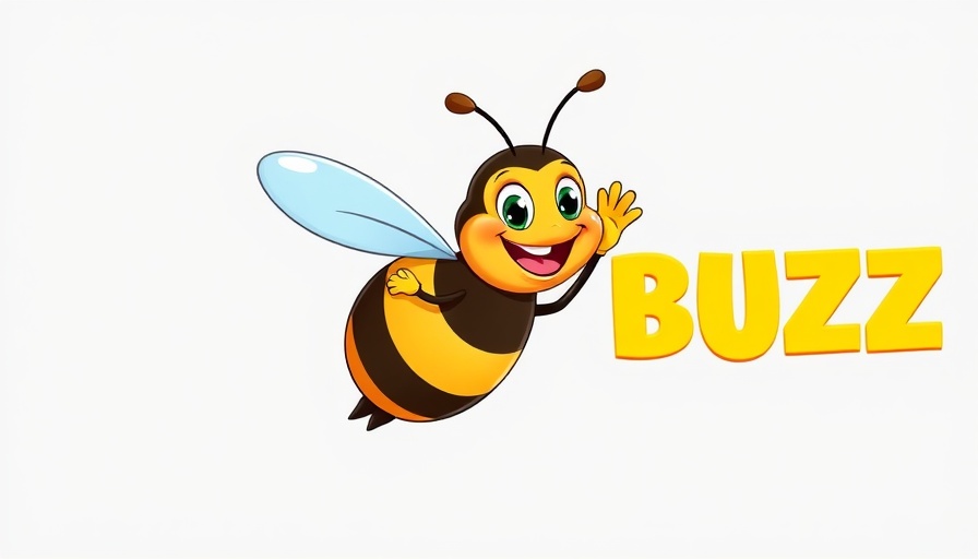 Cheerful bee character next to the word BUZZ in cartoon style.