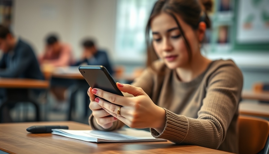 Young woman using smartphone in classroom setting, Arkansas social media laws lawsuit context.