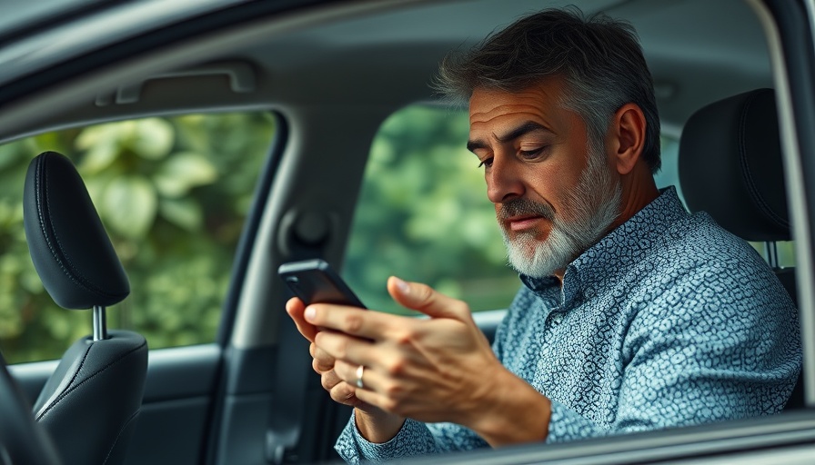 Man reading phone in car discussing trail systems in Northwest Arkansas.