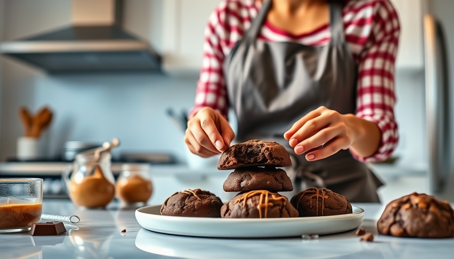 Woman baking rich & fudgy no-bake peanut butter chocolate cookies in kitchen.