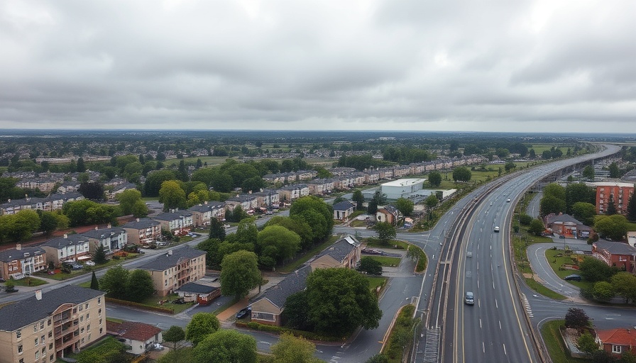 Cloudy Monday morning over suburban buildings and highway.