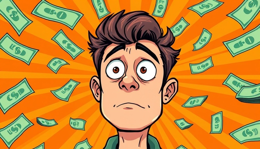 Curious man pondering financial amounts in dollar-themed background.