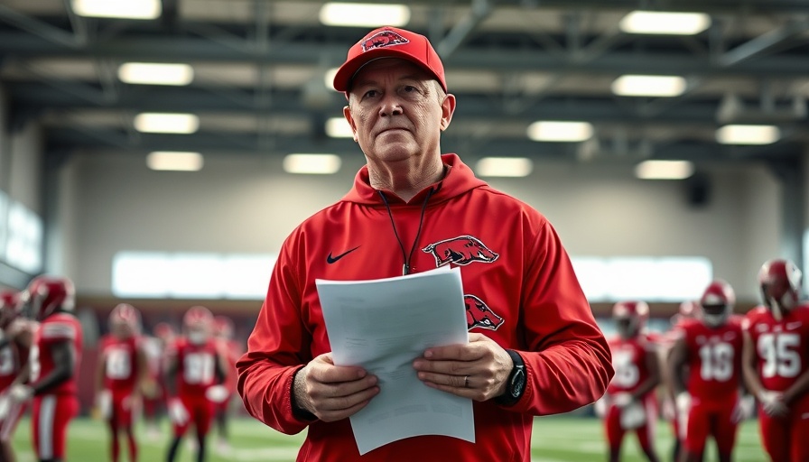 Arkansas coach in indoor practice facility, focused.
