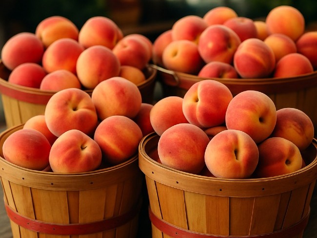 Peaches in baskets at the Johnson County Pech Festival in Clarksville, AR