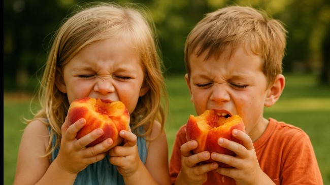 Kids eating juicy peaches at the Johnson County Peach Festival in Clarksville, AR