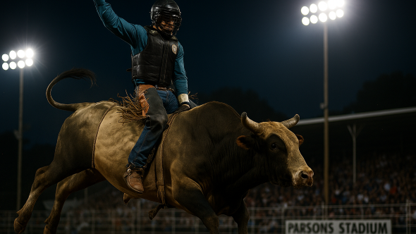“Bull rider launching from chute at Buckin' in the Ozarks in Springdale
