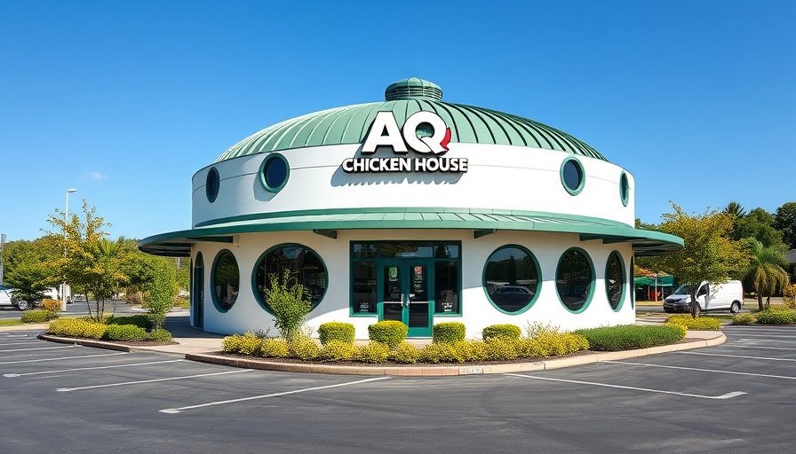Modern AQ Chicken House building with a green roof and logo.