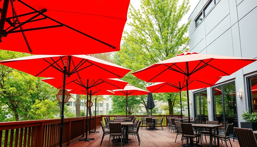Vibrant patio dining in Bentonville with red umbrellas.