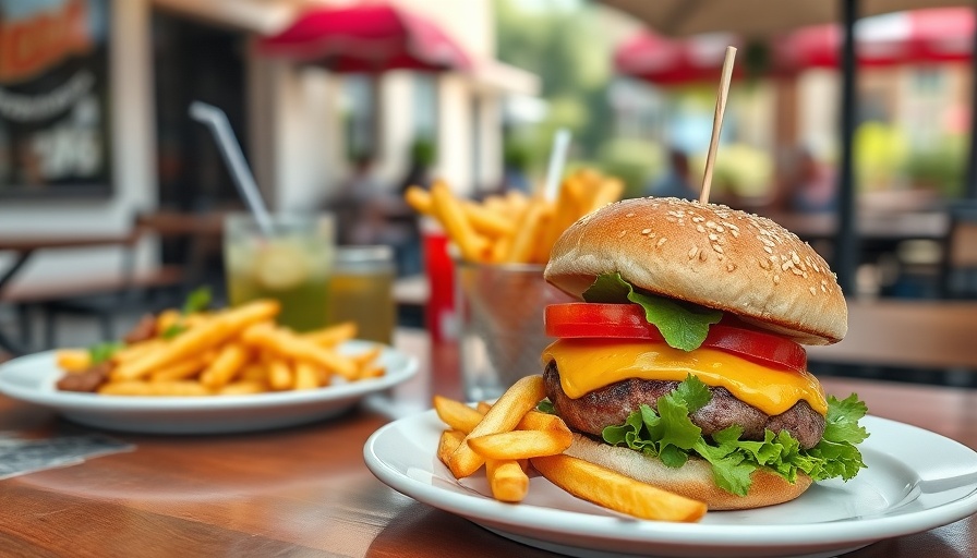 Weekend getaway in Eureka Springs burger and fries at outdoor café.