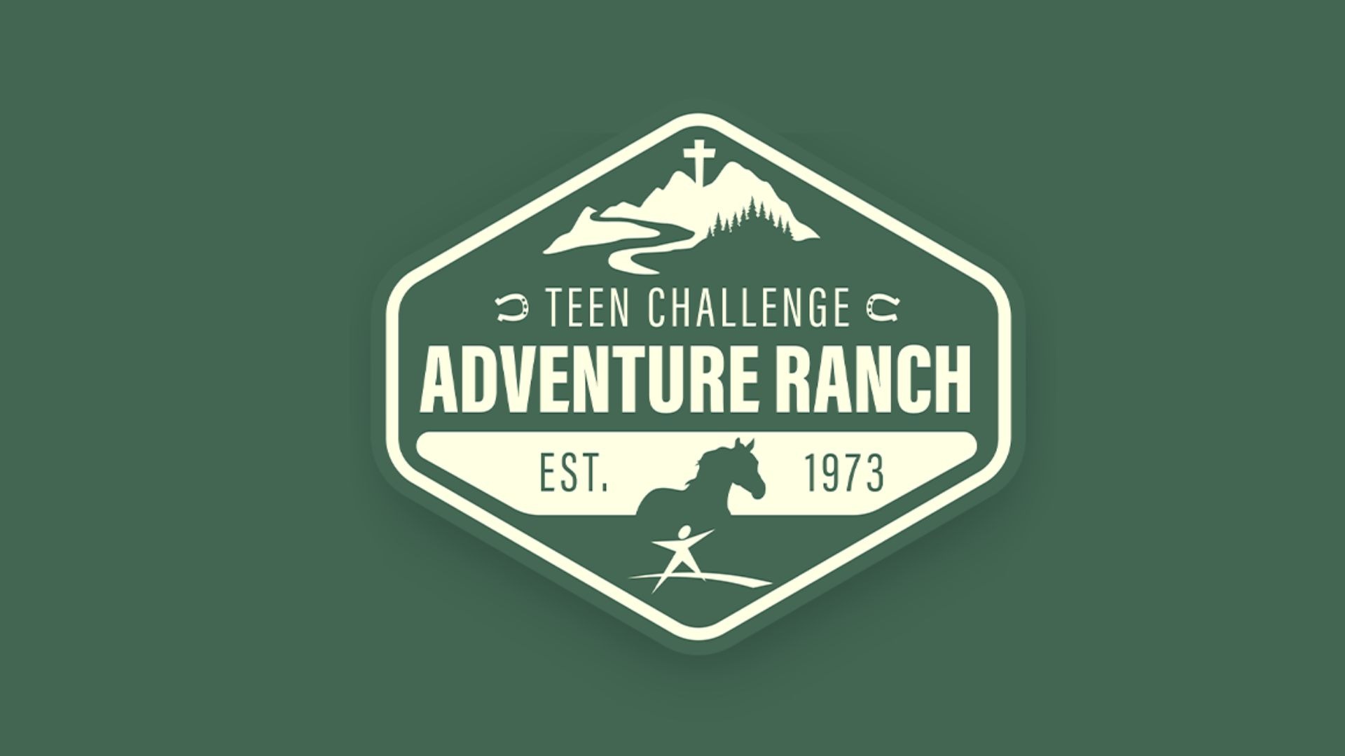 Teen Challenge Adventure Ranch logo with mountain and horse motifs.