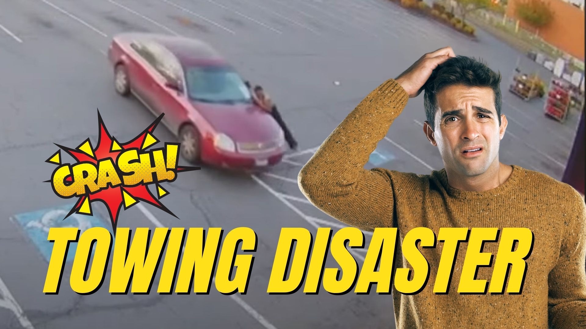 Towing disaster captured on CCTV in an empty parking lot.