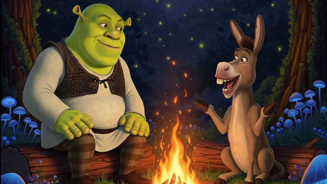 Shrek story telling with his donkey.