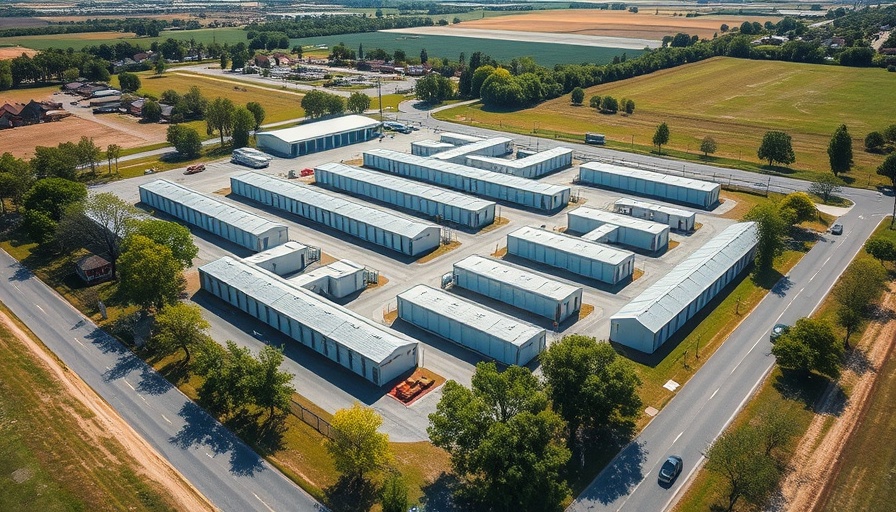 Aerial view of a secured storage facility in daylight landscape.