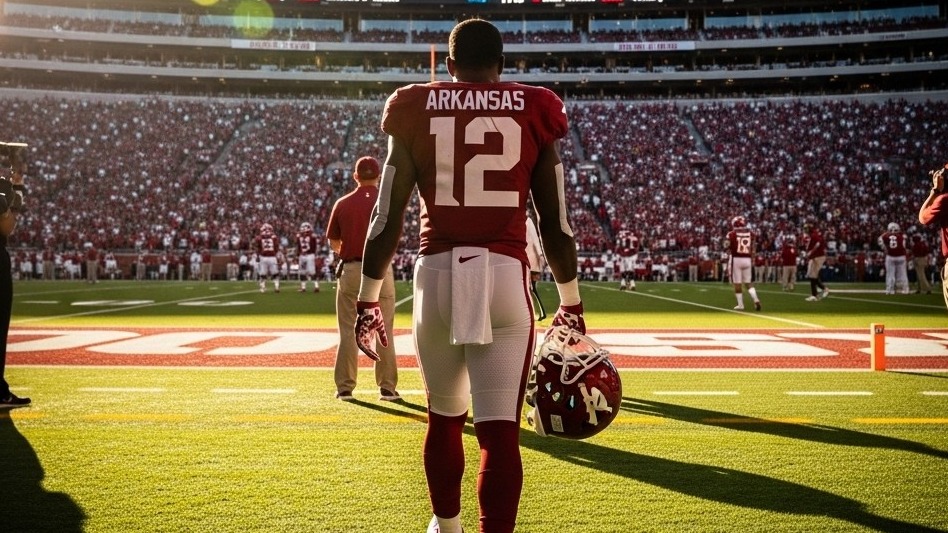 Arkansas football DBs size 2025 players on practice field.