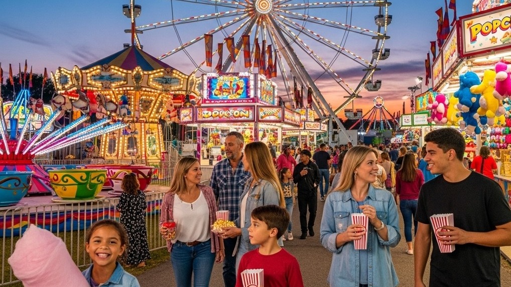 A happy family with children holding cotton candy and popcorn walks through a vibrant county fair at dusk, with a large, illuminated Ferris wheel in the background.